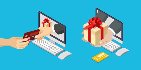 Online sale payment delivery e-commerce concept. Flat 3d isometric isometry web vector illustration. Hand from computer monitor take pay bank credit card give box.